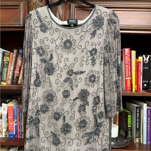 Adrianna Papell Gray Beaded Floral Dress